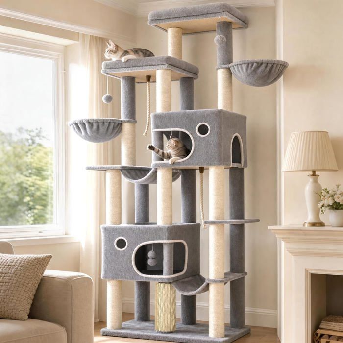 Arbre à Chat XXL Grand Tour à Chat de 213 cm de Haut avec 10 Griffoirs 2 Grand Plateformes Grottes 2 HamacsGris Clair