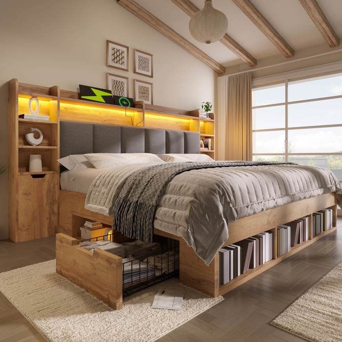 Lit double en bois - LEMONBEST - 180x200 - Tête de lit LED & USB‑C - Tables de chevet amovibles - Tiroirs roulants