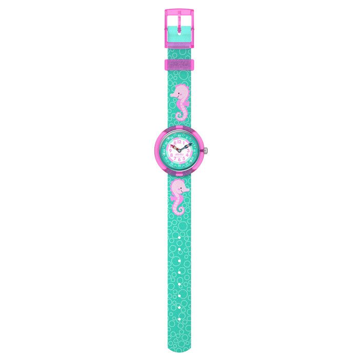 Montre enfant - FLIK FLAK - FBNP256 - Bracelet vert PET recyclé - Boîtier biosourcé 31 85 mm - Hippocampes roses