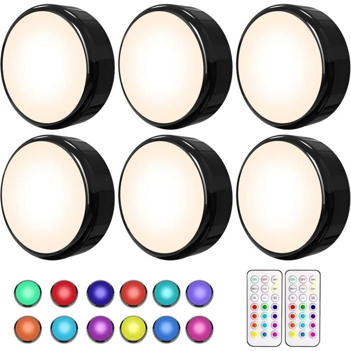 Lot de 6 éclairages LED sous meuble à intensité variable - LED pour cuisine - LED Multicolore à piles