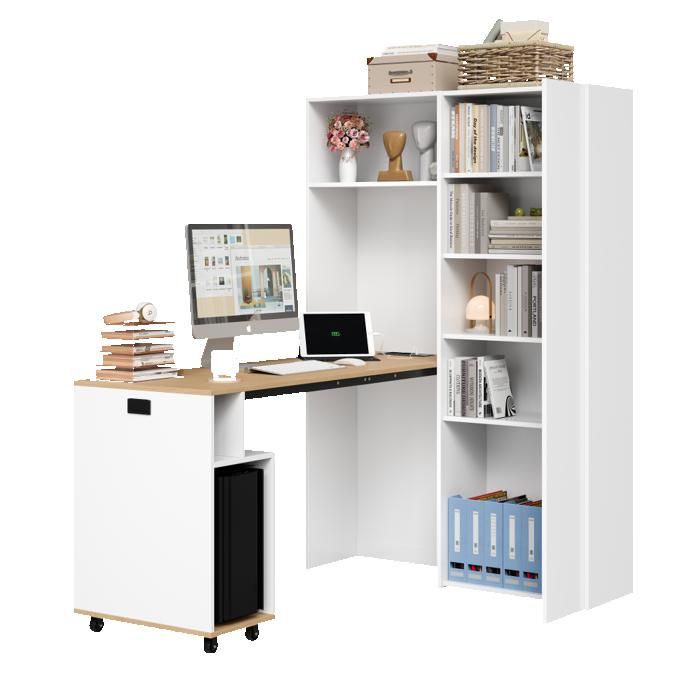 Bureau Pliant Angle Droit Blanc 104.5x30.5x160cm 2en1 Bureau Bibliothèque USB Étagères Ajustables Anti-basculement Bureau Pliant Angle Droit Blanc 104.5x30.5x160cm 2en1 Bureau Bibliothèque USB Étagères Ajustables Anti-basculement