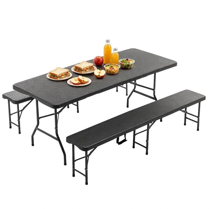 Table de Camping Pliante 6 Places avec 2 Bancs Set 3 Pièces HDPE Motif Bois Verrouillage Sécurité Résistant UV & Eau Noir
