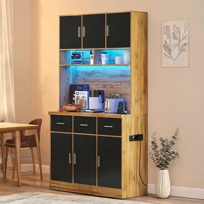 Buffet haut multifonction 100x40x180 cm avec éclairage LED MDF naturel et noir rangements et prises intégrées