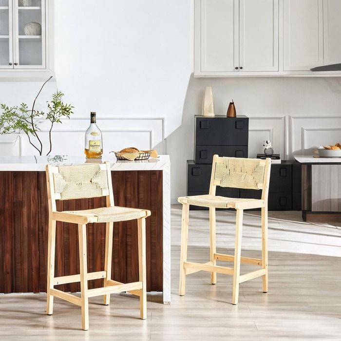 Lot de 2 tabourets de bar tressés main en bois massif et corde style campagne hauteur 89 cm