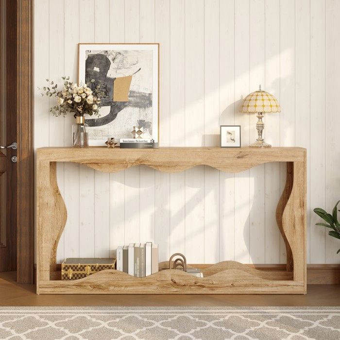 Table console dentrée 2 niveaux avec étagère ouverte bord ondulé aspect bois naturel 1605 x 30 x 865 cm ORVRYN