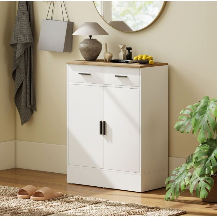 Buffet Haut 2 Tiroirs 2 Portes avec Étagère Réglable - MODENVIE - Blanc Aspect Bois Cuisine Entrée 68 6×35×90 3 cm