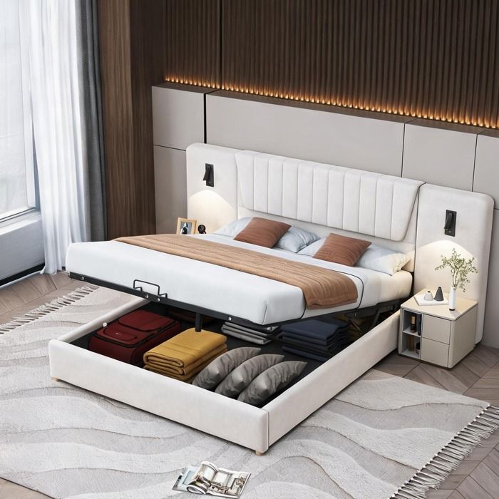 Sommier tapissier double 180x200 cm avec rangement hydraulique lampes USB orientables velours beige