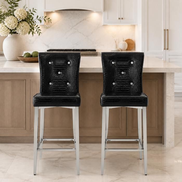 Tabouret de bar 2 pièces noir effet cuir avec boutons cristal dossier haut pieds métal chromé pour cuisine îlot comptoir