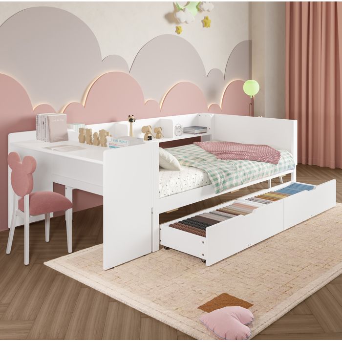 Lit Combiné 1 Place 90×200 cm Bureau 2 Tiroirs et 3 Étagères - MODENVIE - Sans Matelas Pin et Panneau de Particules Blanc