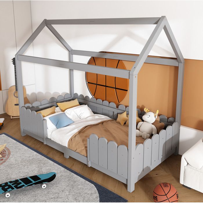 Lit Cabane Enfant 1 Place 90×200 cm avec Barrière - HAVRYA - Sans Matelas Bois de Pin et MDF - Gris