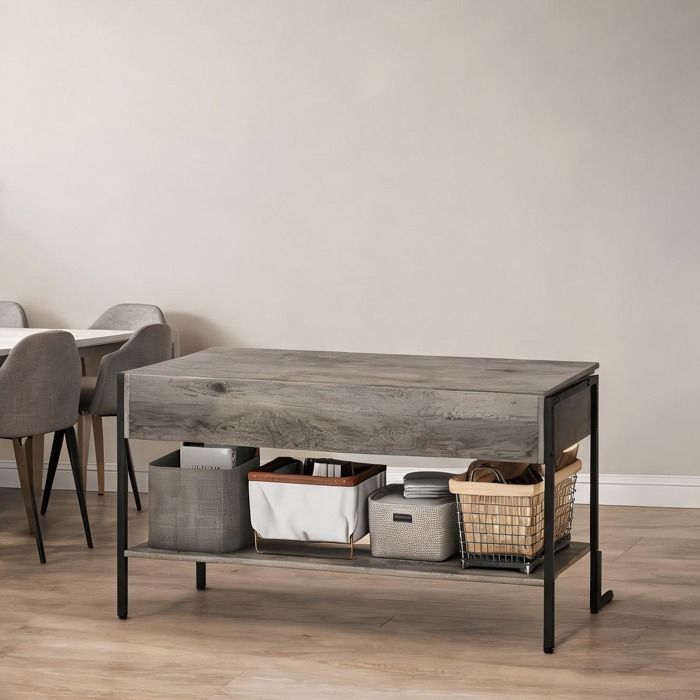 Table basse relevable avec rangement caché et étagère gris imitation bois et métal style industriel 95x40x59 cm