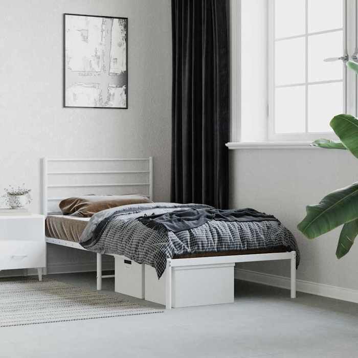 vidaXL Cadre métal blanc 90x200 cm avec tête lit sans matelas cadre une place clair rigide pour chambre jeune fille et invité