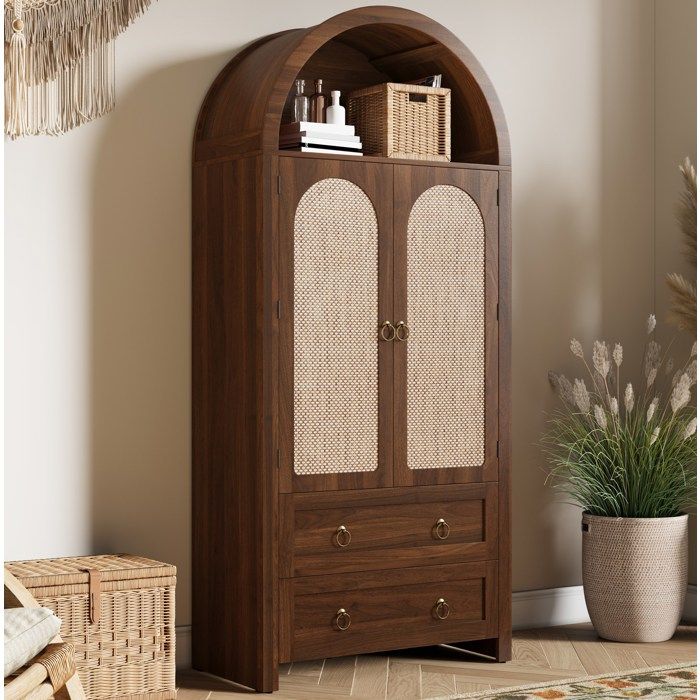 Buffet haut vintage noyer avec cannage 2 portes 2 tiroirs et niche ouverte 80 x 40 x 180 cm