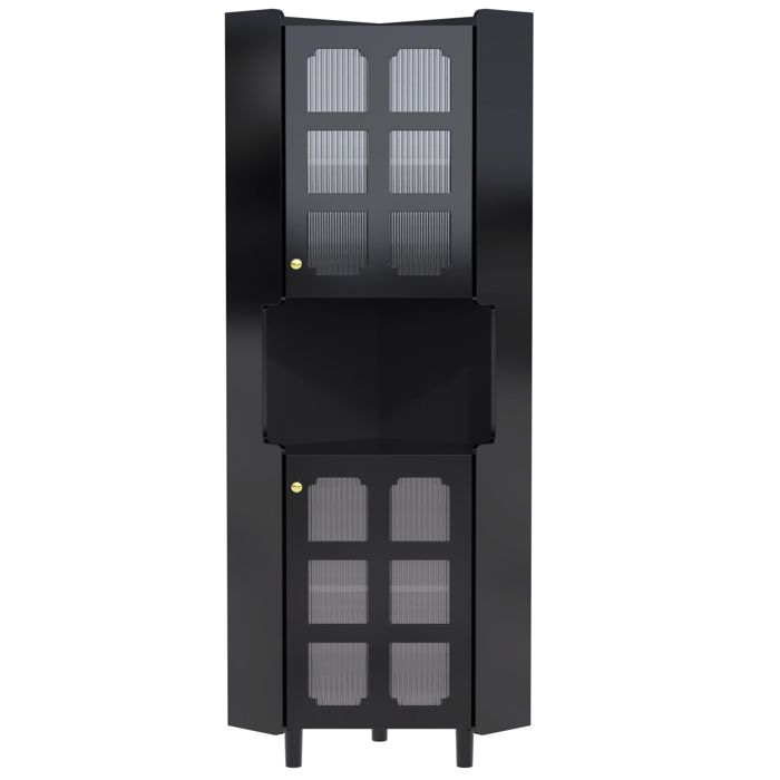 Armoire d’angle LED noire laquée en MDF – 2 portes vitrées et niche ouverte – 635 x 595 x 1575 cm