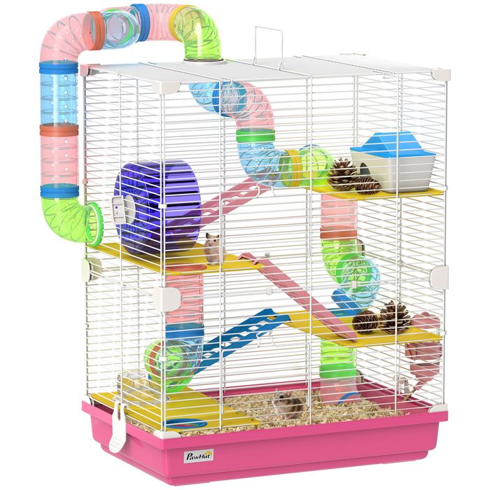 Cage pour hamster rongeur - PawHut - 5 étages avec tunnels mangeoire roue maison échelles - métal - 46 x 30 x 58 cm - rose Cage pour hamster rongeur - PawHut - 5 étages avec tunnels mangeoire roue maison échelles - métal - 46 x 30 x 58 cm - rose