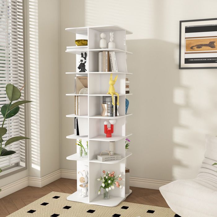 Étagère à chaussures rotative 360° sur pied 7 niveaux blanc PVC pour 28 paires meuble de rangement TYNQER