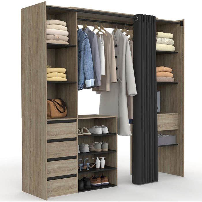 IDMarket Dressing Extensible Double MERYL XXL 120/180 cm Hêtre 5 Tiroirs 11 Étagères Penderie Rideau Noir