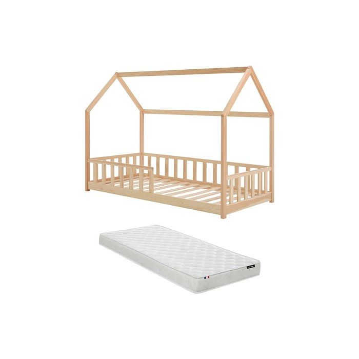 Lit cabane 90 x 190 cm - Pin - Naturel + Matelas - MARTEVI Lit cabane 90 x 190 cm - Pin - Naturel + Matelas - MARTEVI