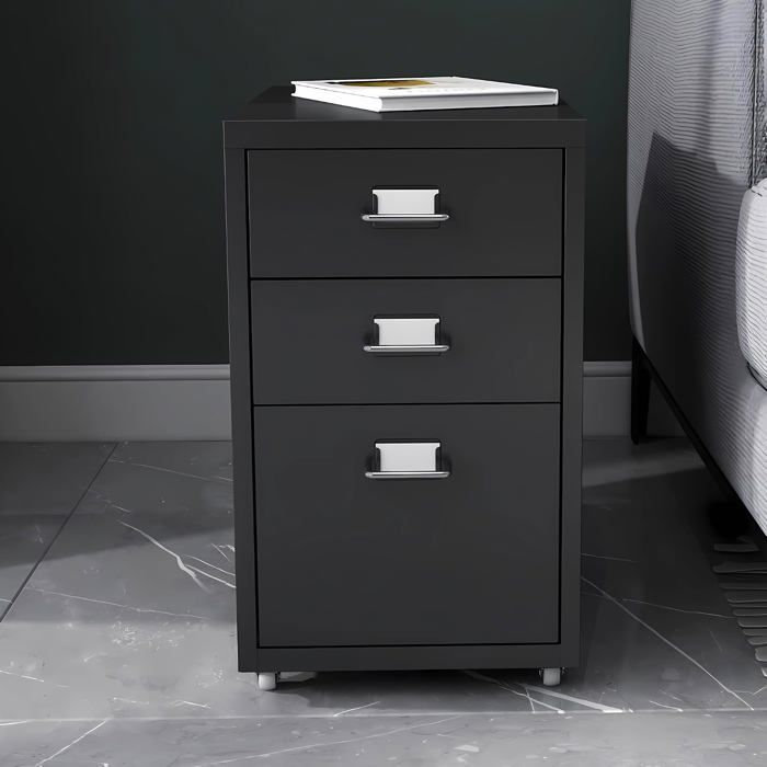 Caisson de bureau 3 tiroirs sur roulettes acier noir mat 48 x 28 x 41 cm porte-étiquettes meuble de rangement métal pour dossiers