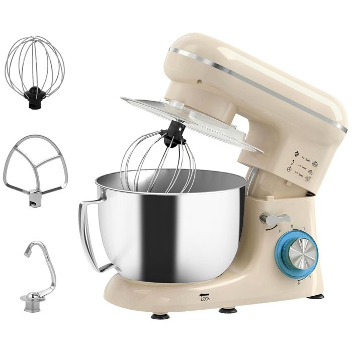 Robot pâtissier - HOMCOM - 1300 W 4 5 L - bol dacier inoxydable 6+P vitesses et pulse tête inclinable - 35 x 22 x 29 cm - beige