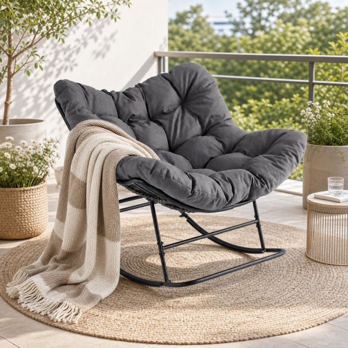 Fauteuil berçant Papasan grand format chaise‑œuf métallique coussin épais gris charge 204 kg pour salon balcon
