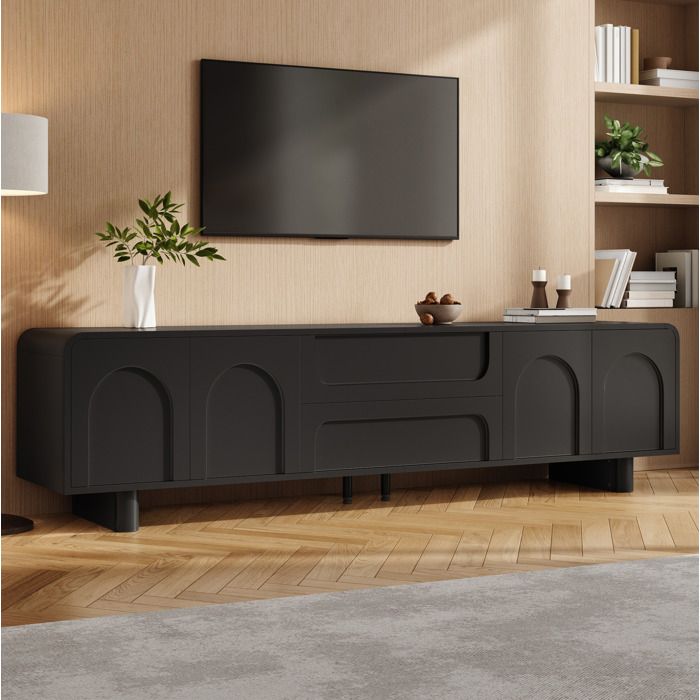 MEUBLIV Meuble TV bas 180 cm noir 4 portes 2 tiroirs et passe-câbles