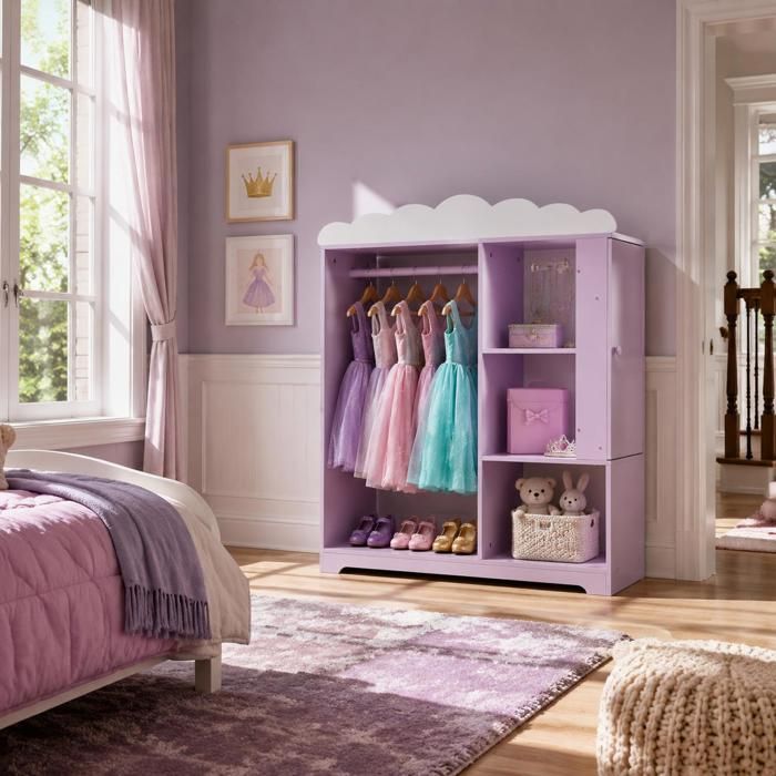 Filles rangement facile armoire déguisement enfant avec miroir et étagères coloris violet