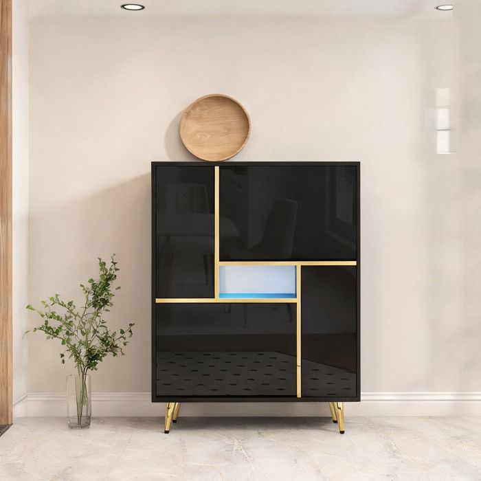 Rangement à chaussures pour entrée en panneau de particules jet black brillant - Black Particle Board 80 x 25 x 96 cm Ref HW3ISA
