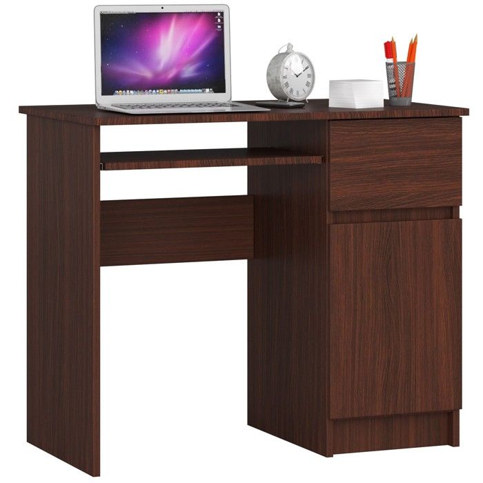 Bureau d'ordinateur AKORD droit PIKSEL Wengé 90 cm 1 porte 1 tiroir façade Wengé 3 étagères 90x50x77 cm