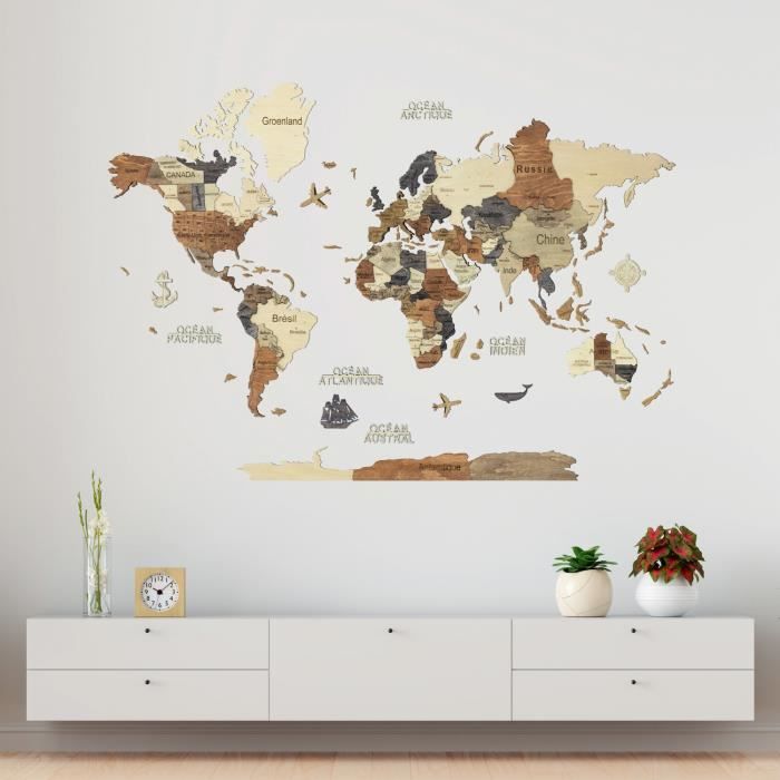 Carte du monde en bois 3D Multicolor M