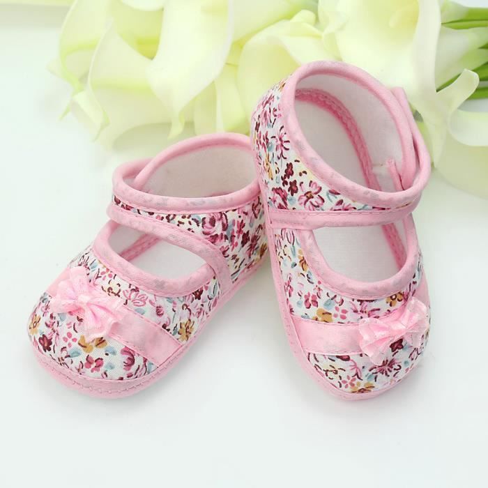 Chausson Bebe pour Fille en cuir rose avec motif papillon