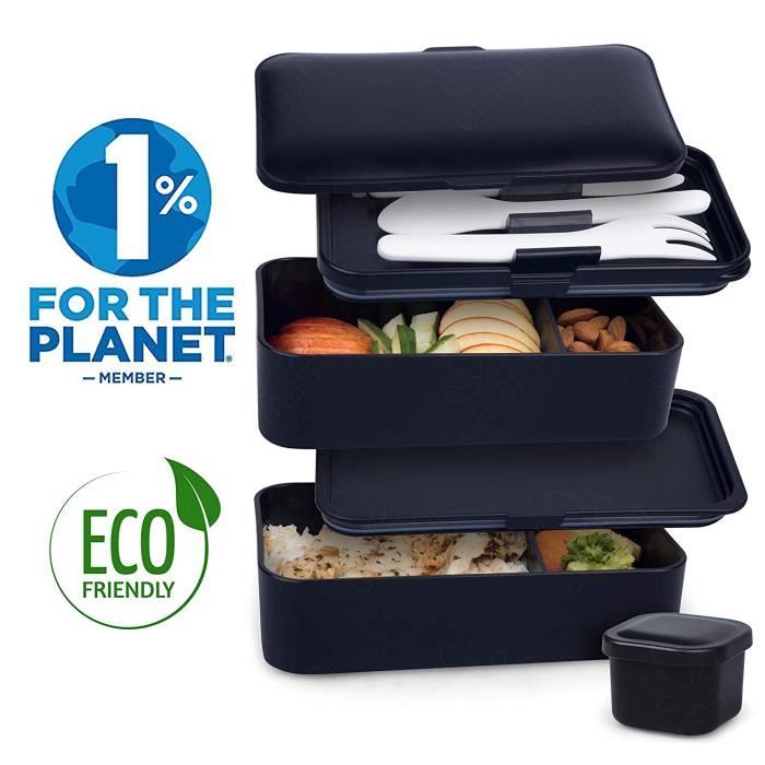 Umami® ⭐ Lunch Box Noir Mat Boîte Bento Japonaise Premium avec 3 Couverts Solides Et 1 Pot À