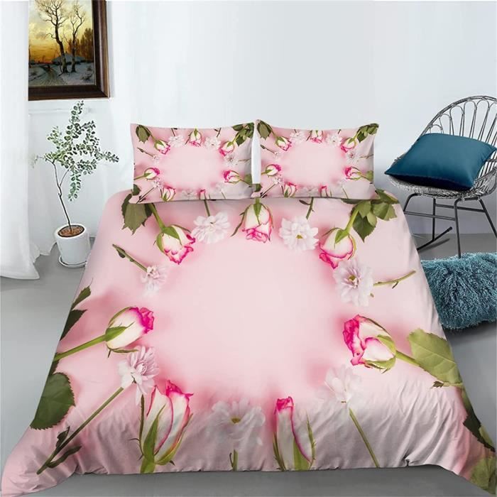 Housse de Couette 220x240 Fleur Rose, Microfibre 3D Imprimée Fleur Rose