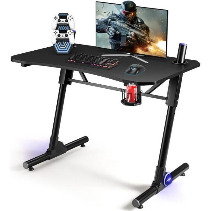 costway bureau gamer,table de gaming avec led, support pour manette, porte-gobelet, en forme de z, 3 niveaux hauteutr réglable noir