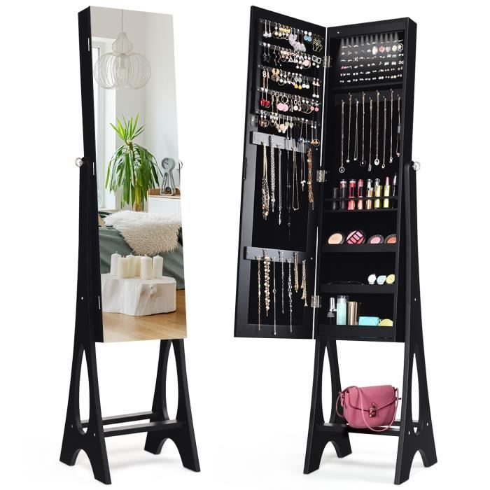 COSTWAY Armoire à Bijoux avec 12 LED Sur Pied Doublure Intérieure en Velours Angle Réglable 36 × 334 x 154 CM Noir