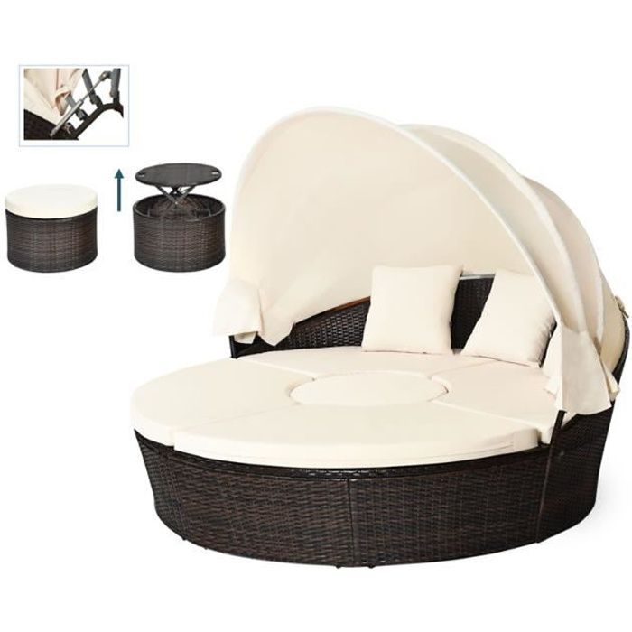 COSTWAY Lit de Jardin Rond dExterieur Table Relevable Modulable & Convertible - Pare Soleil Réglable rotin PE Coussins Inclus