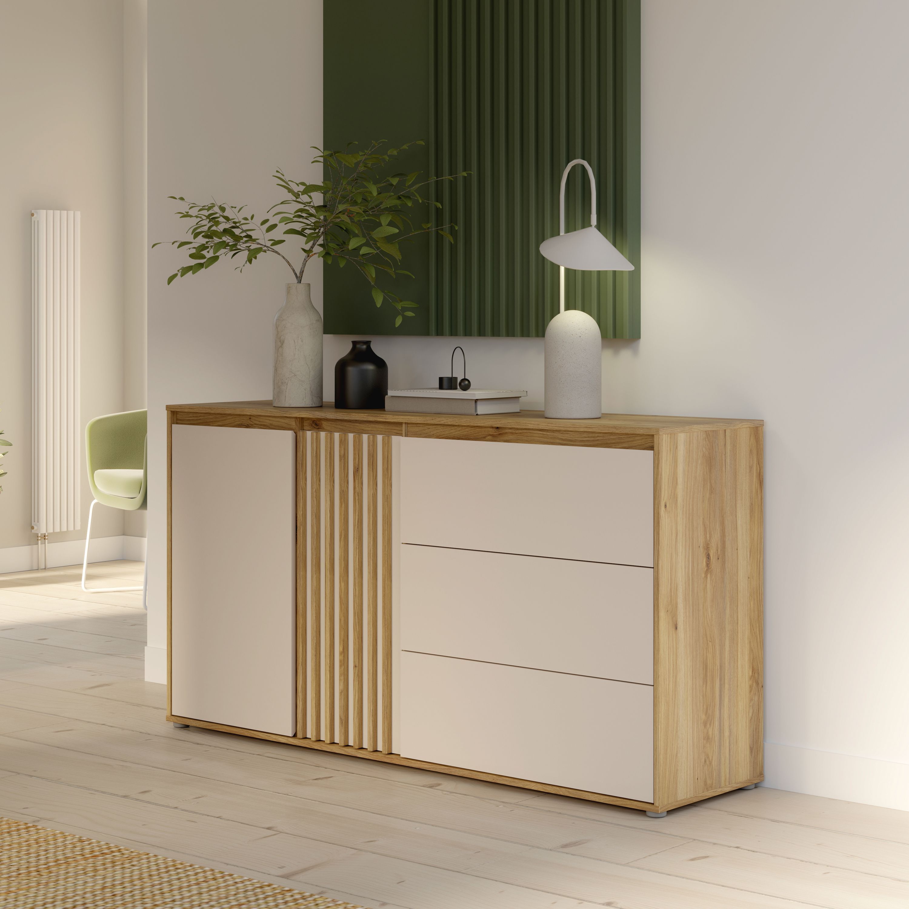 Buffet ELISTON - Blanc Mat & Chêne – 2 Portes + 3 Tiroirs – L 159 6 × P 41 5 × H 81 7 cm