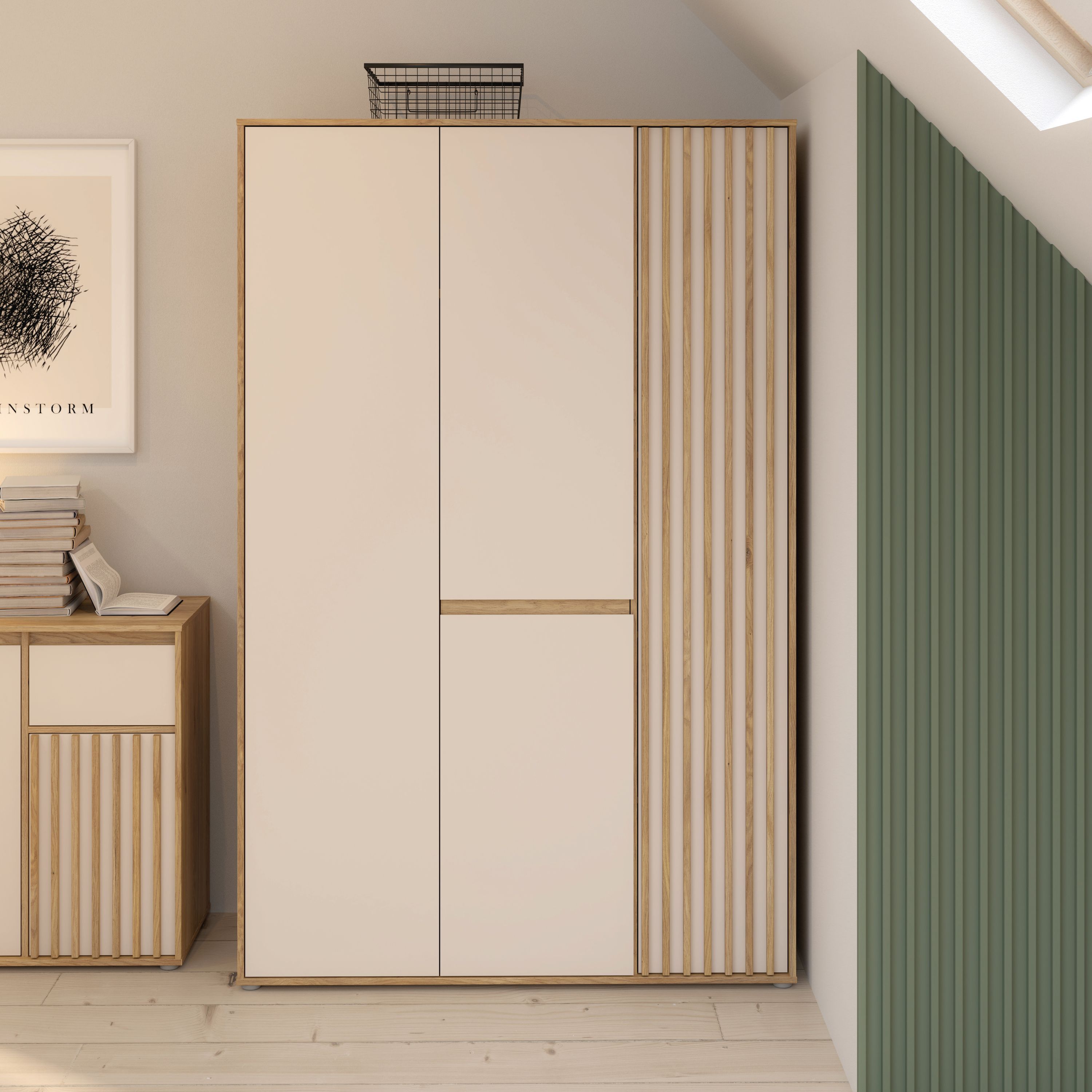Armoire de chambre 129 cm ELLISTON 3 portes soft-close cashmere ch&ecirc;ne 200 cm