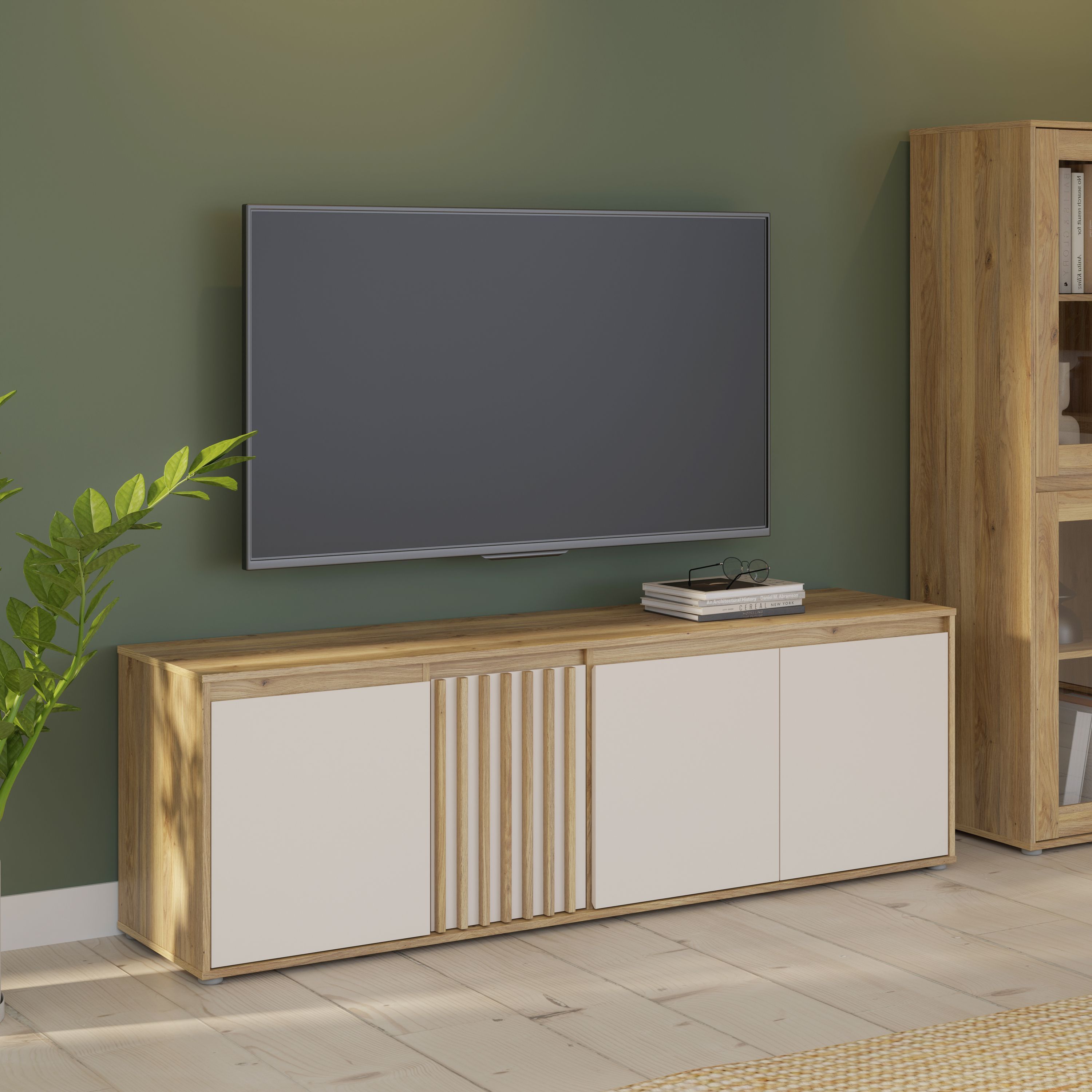  Meuble Tv - Eliston - Blanc Mat / Chene - 174,3 X 41,5 X 56,1 Cm