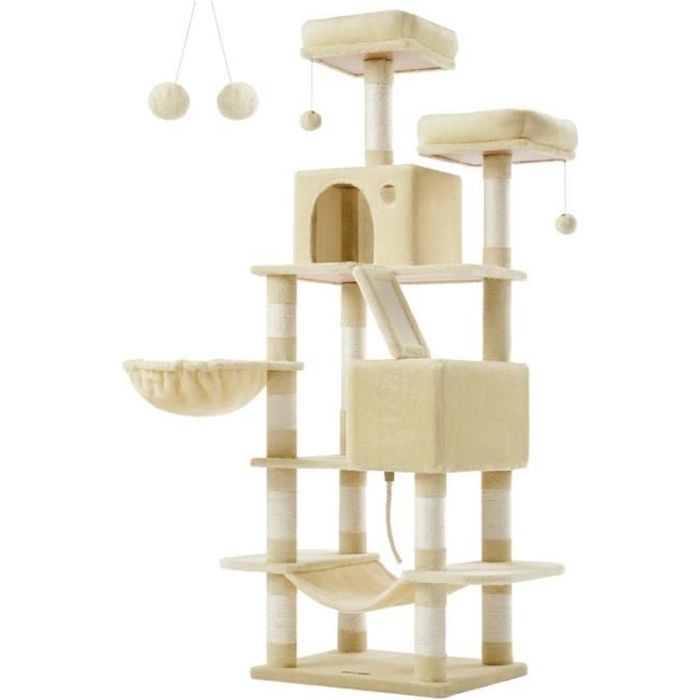 Comparer les prix de Arbre à Chat, Hauteur 168 cm, avec 13 Griffoirs, 2 Plate-forme, 2 Niches, Panier, Hamac, Pompon, Tissu Peluche, Beige