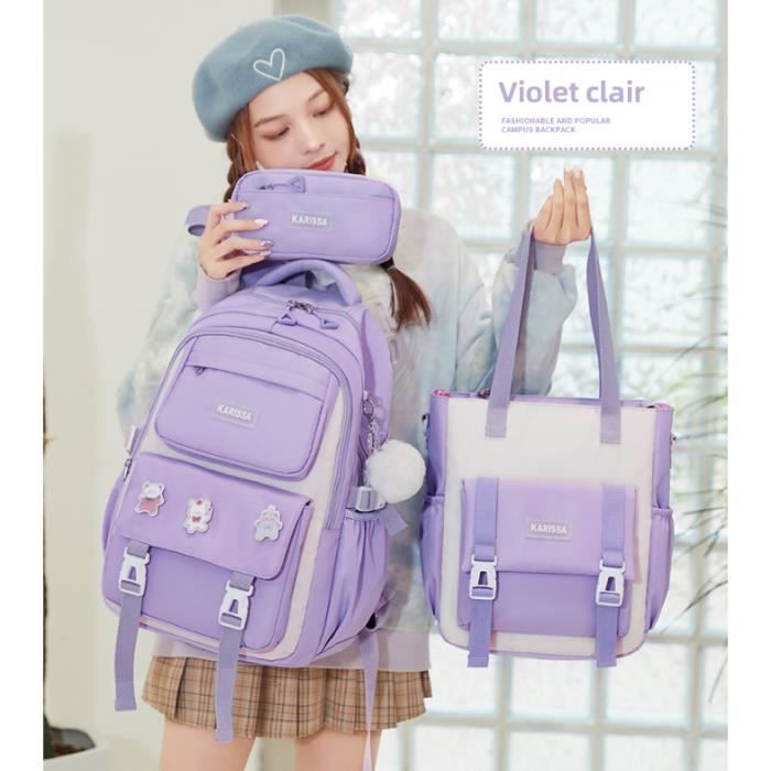 Sac à Dos 3 Pièces Pour école – Toile Résistante + Sac Bandoulière + Trousse – Noir, Unisexe - 7