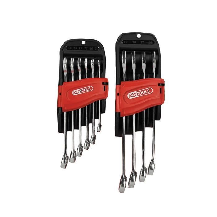 Jeu de 10 clés mixtes métriques - KS TOOLS - 922.0050 - Sur support - 8 à 19 mm - Angle de fourche et œil incliné à 15°