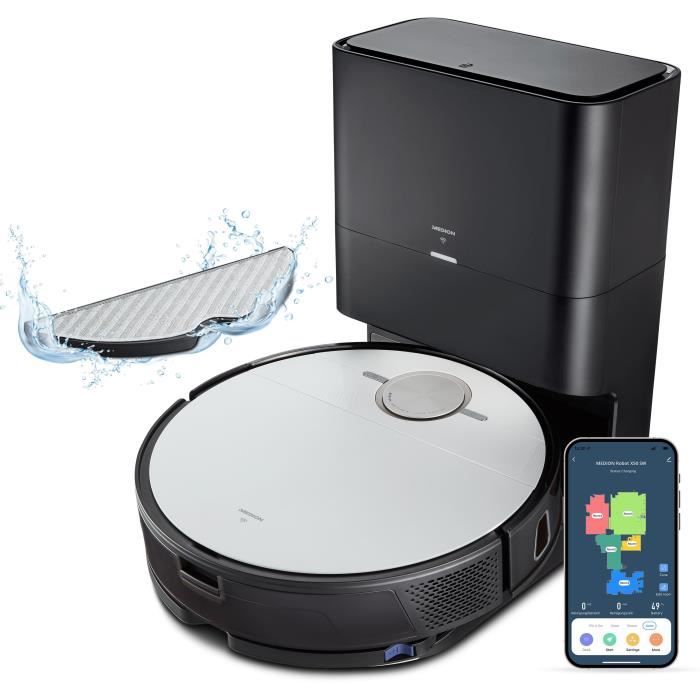 MEDION X50 SW Robot Aspirate0ur Laveur avec Station de Vidange Navigation Laser Puissance 8000 Pa Zones NO GO & GO