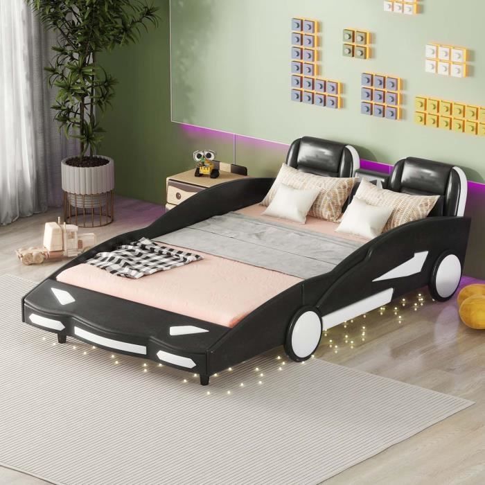 lit enfant voiture modernluxe 140x200cm avec sommier à lattes en bois et simili cuir noir