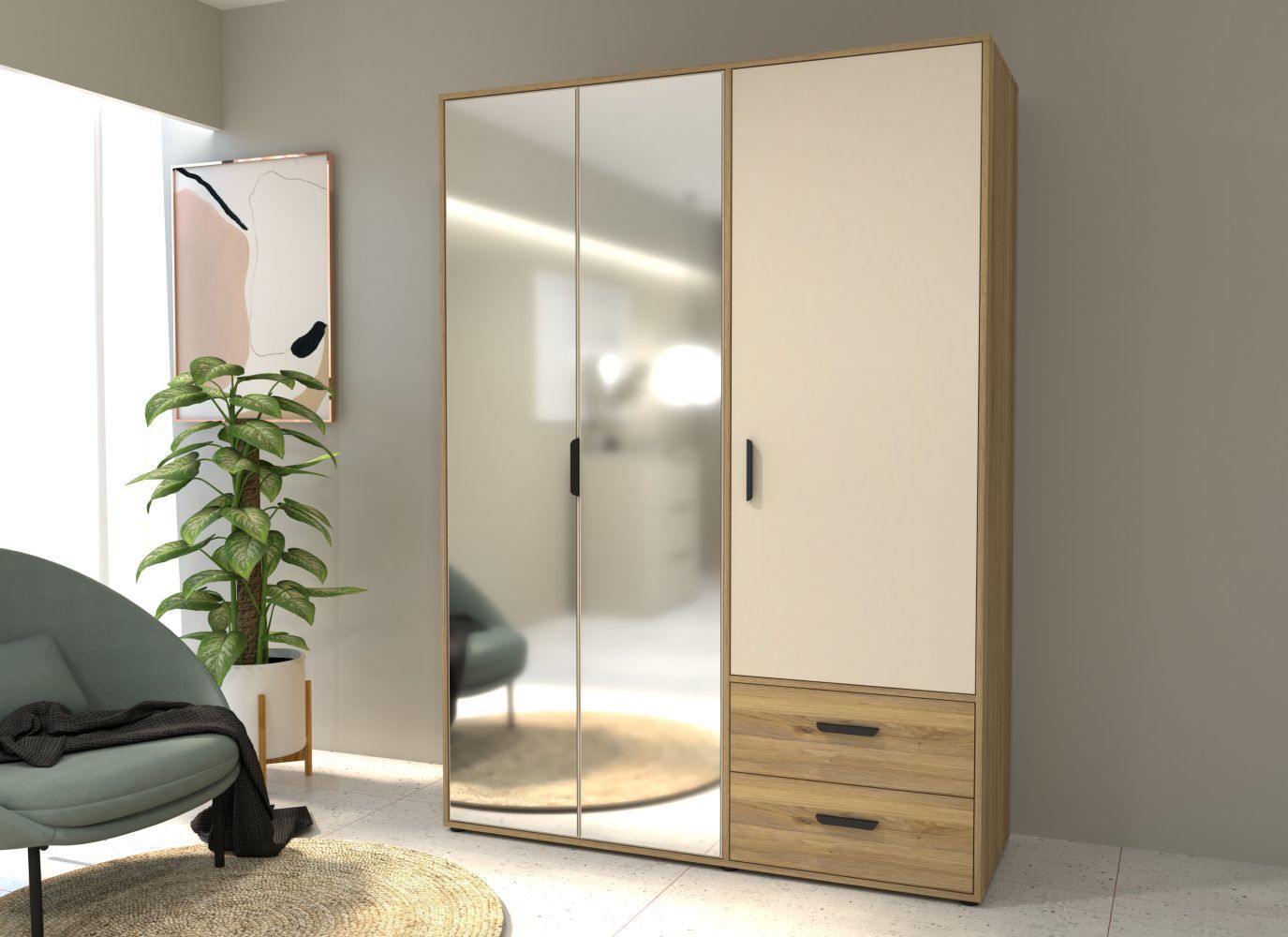 Armoire chambre MOKKARO 3 portes AUCUNE ch&ecirc;ne clair 2 tiroirs 2 miroirs