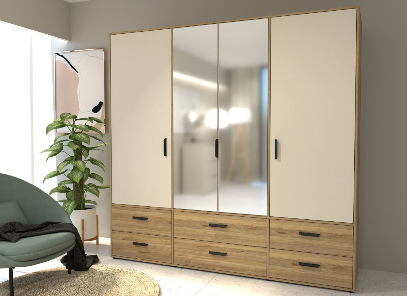 Armoire de chambre - MOKKARO - Décor Chêne et sable - 4 portes battantes - 6 tiroirs - 2 miroirs - L2059 x P527 x H200cm