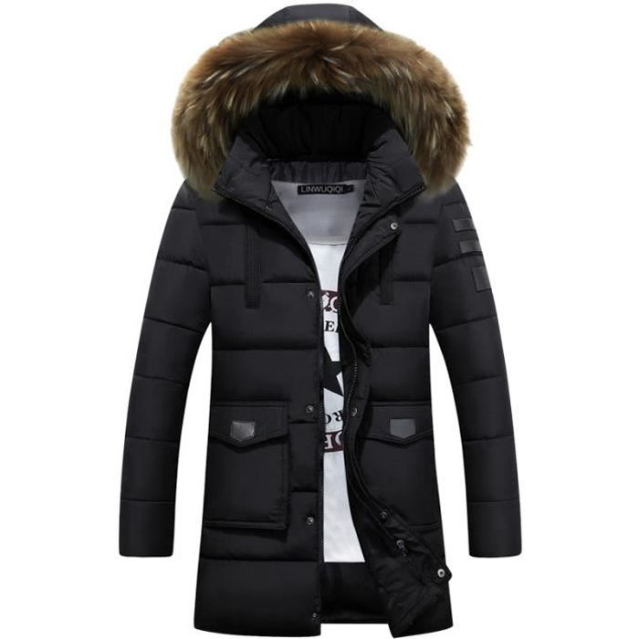 Doudoune homme longue Casual à capuche fourrure Veste Blouson Homme hiver  Luxe marque Encapuchonné Épais zipper parka Noir