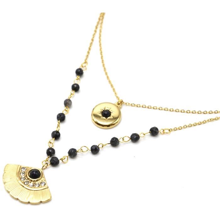 Collier Doré à Pierres Rondes Et Strass - Sautoir Vertical, Acier Inoxydable - Neuf Avec Étiquettes