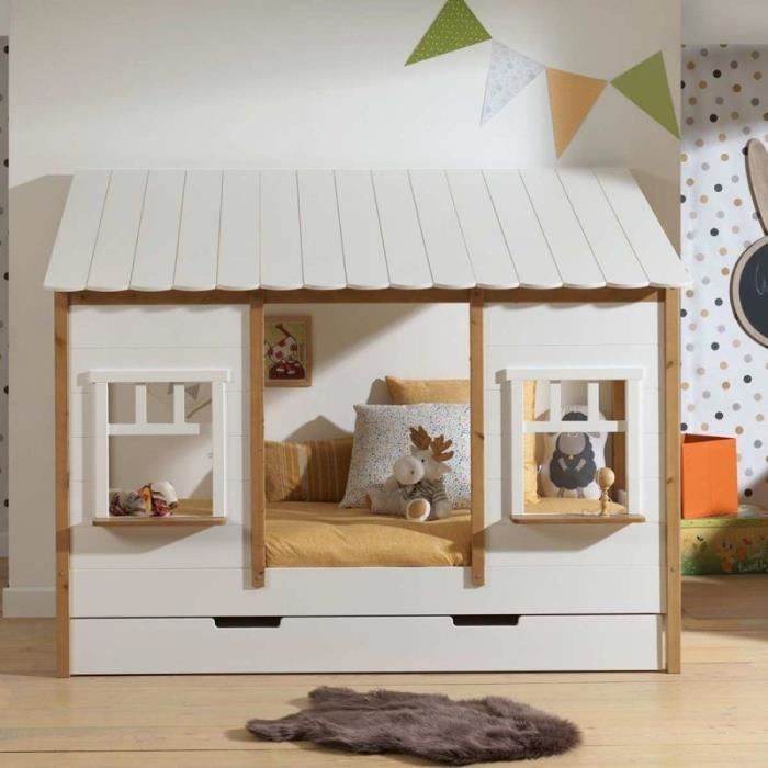 lit cabane enfant & tiroir housebed iv 90x200cm blanc - vipack - bois massif - avec tiroirs - style enfant