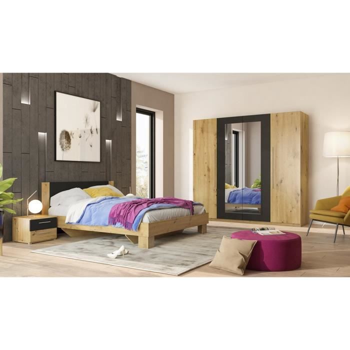 Chambre complète - IRINA - Lit 160x200 cm + armoire + commode + chevets - Chêne et noir